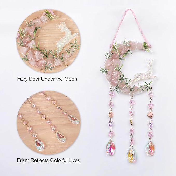 Fairy Pink Forest Deer Crystals Dream Catchers Christmas Gemstone Sun Catcher with Star&Flowers Ornament Handmade Dreamcatcher Wall Decor for Adults Boys Girls Bedroom Wedding Garden Bless Gift