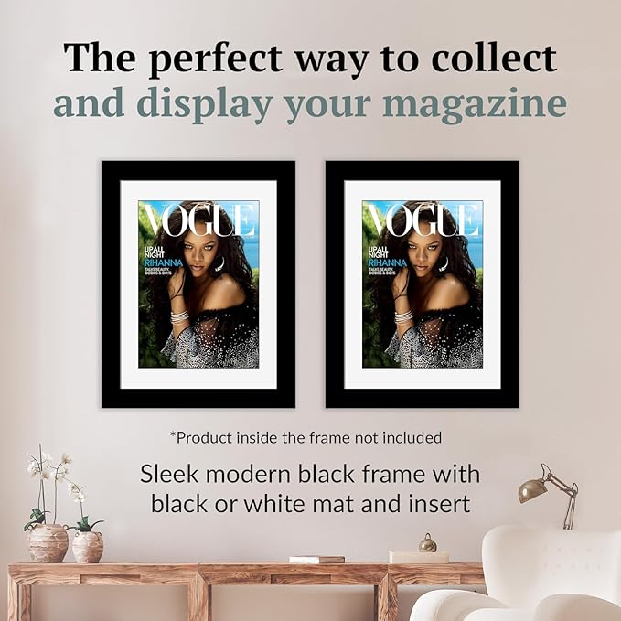 Creative Picture Frames 8.75 x 11.25 Magazine Frame with Full-Strength Glass, Holds Up To A 1/4" Thick Media with Installed Hangers for Easy Mounting, 11x14 Manhattan Black Frame with White Mat
