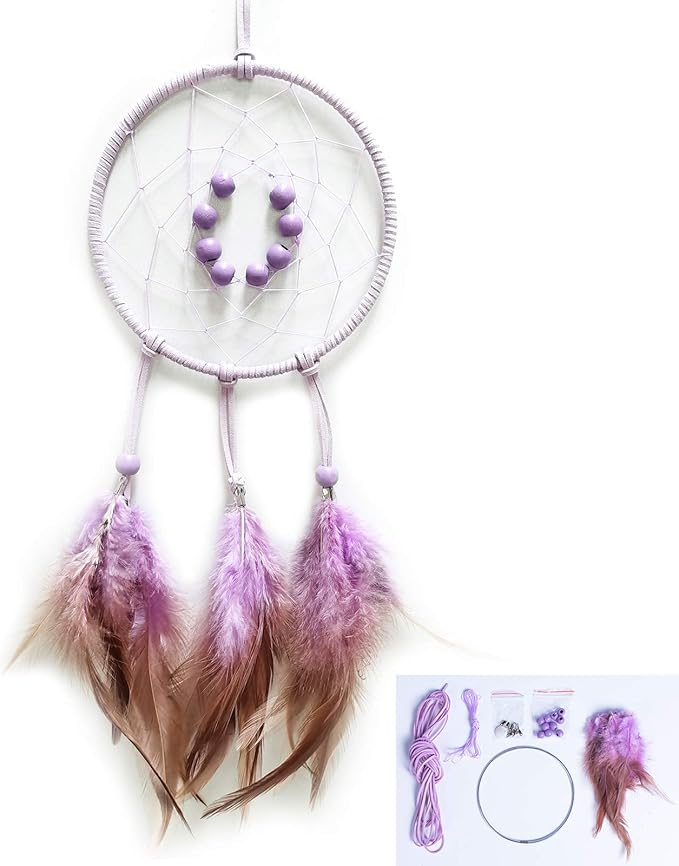 DIY Dream Catcher Beginner Kit, Making Dream Catcher Supplies Include Metal Hoop, Feathers, Faux Suede Cord, Thread, Wood Beads (Lilac)