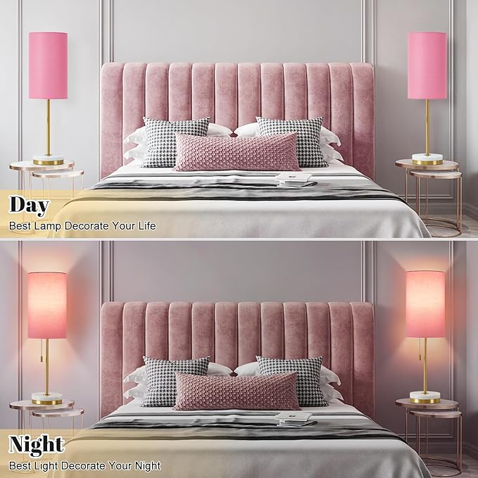 Luvkczc Minimalist Table Lamp Set of 2, Nightstand Lamp for Bedroom Living Room, Modern Pull Chain Bedside Lamp with Marble Base, Fabric Shade, Small Desk Lamp for Home, Office, Reading,Pink