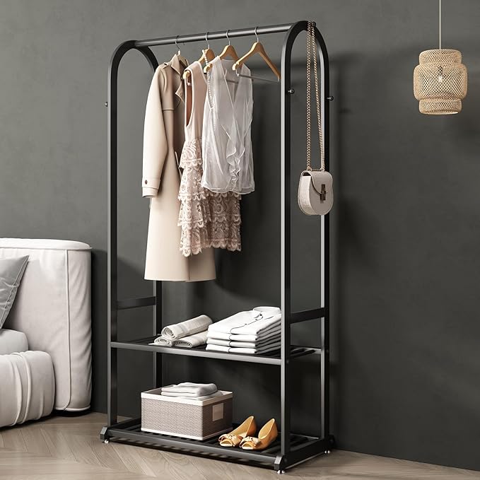Freestanding Clothing Rack,Metal Garment Rack with Bottom Shelves and 6 Side Hooks,Black sturdy clothes racks for hanging clothes,Modern Wardrobe Organizer for Bedroom or Closet (L:31.5IN)