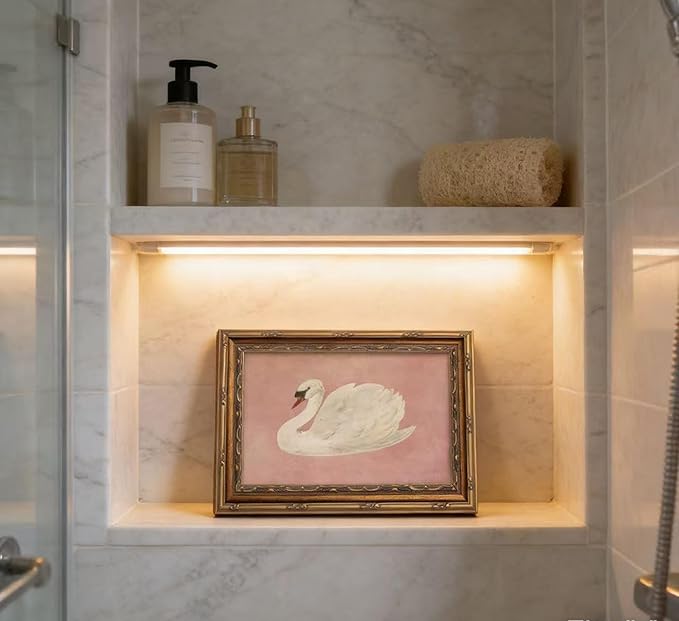 Vintage Gold Framed Wall Art Retro White Swan Cottagecore Canvas Print Neutral Moody Bird Painting Picture Rustic Farmhouse Pink Antique Swan Poster Artwork for Living Room Bedroom