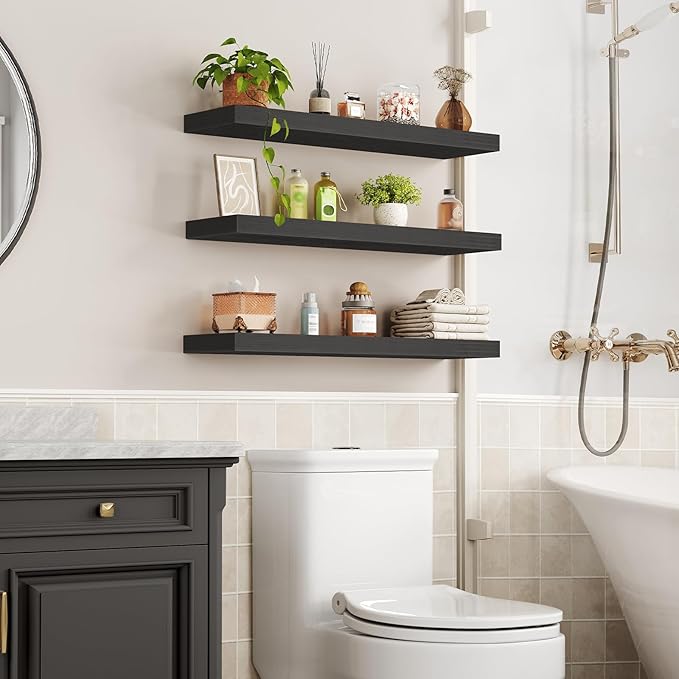 RALGEND Floating Shelves for Wall, 1.5" Thick Wall Shelf Set of 3 with Invisible Brackets, L31.5 x W7.9 Hanging Book Shelves Farmhouse Home Decor for Bathroom, Living Room, Bedroom, Black 8301BJP3BK