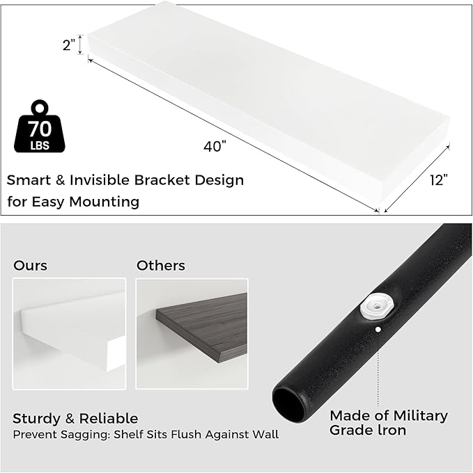 Venusmiles Floating Shelves for Wall, 40" W x 12" D x 2" H, 1 Pack of Long Wall Mounted Engineered Wood Shelves with Invisible Brackets for Living Room, Bedroom, Bathroom, Kitchen Decor, White