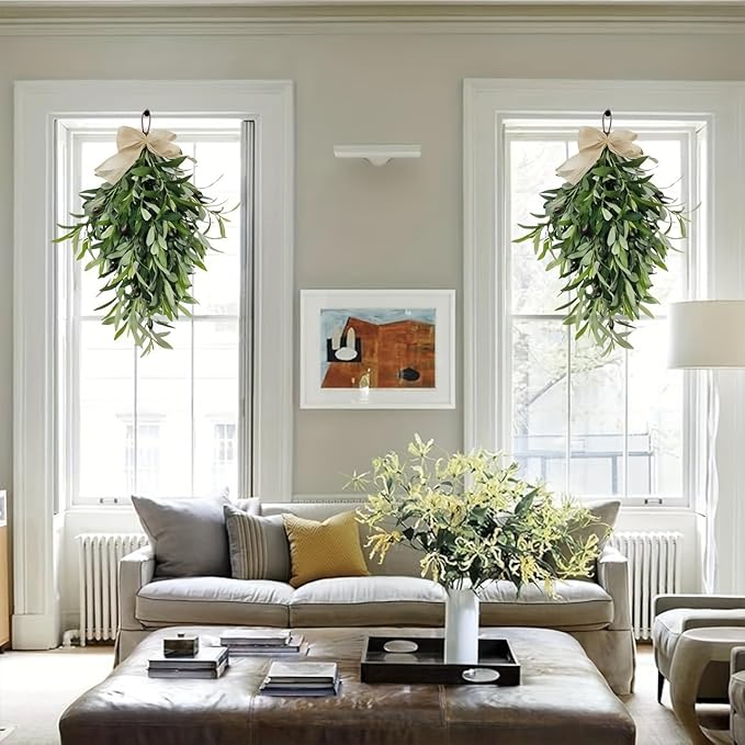 Artificial Olive Branch Swag with Burlap Bow, Green Hanging Teardrop Wreath for Door, Window, Holiday Decor
