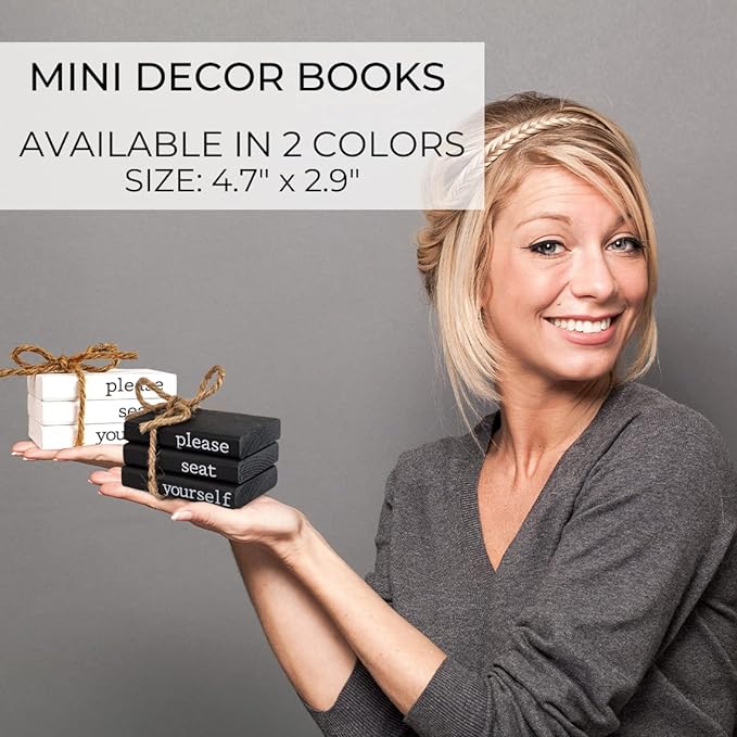 Farmhouse Bathroom Decor - Funny Rustic Wooden Mini Books for Your Restroom Shelf - The Perfect Small Decorative Accent for The Guest Bathroom, White