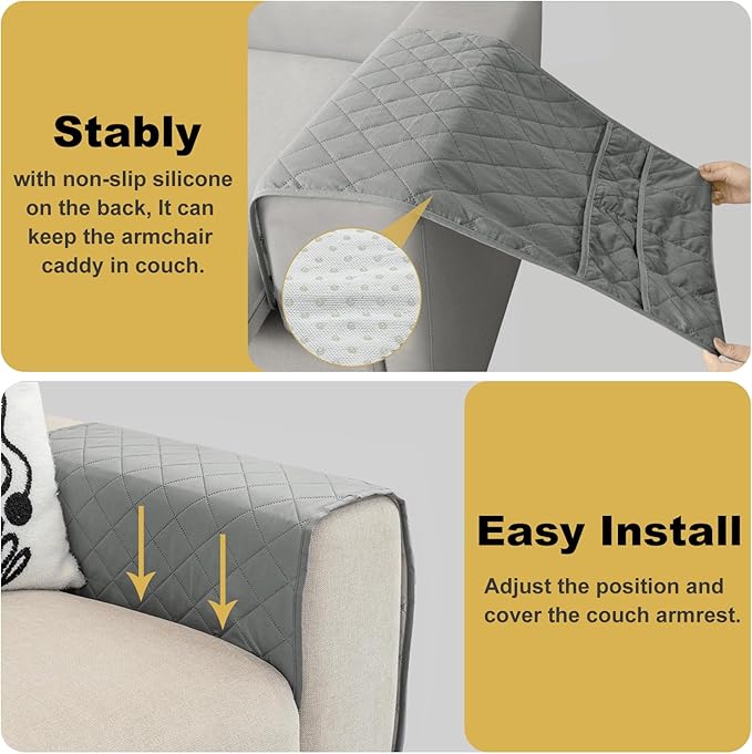 Remote Control Holder for Recliner, Armchair Caddy, Non Slip Sofa Armrest Organizer for Recliner Couch With 6 Pockets for TV Remote,Cell Phone,Magazine (Grey)