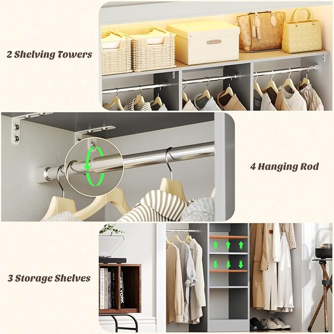 48" Closet Organizer System, 4FT Closet System for Small Closets with 4 Hanging Rods & 3 Shelves, 80"H Small Closet Organizers and Storage for Bedrooms, Cloakrooms, Gray