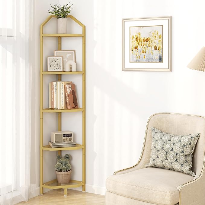 5 Tier Gold Corner Wall Shelf Stand, 66" Metal Corner Shelves Bookshelf Display Shelf for Living Room Decor, Tall Plant Stand Multi Unit Organizer, Standing Shelf for Bedroom,Bathroom,Small Space