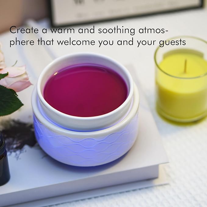 7-Color Changing Wax Melt Warmer, Modern Ripple Design 3-in-1 Electric Candle Warmer with Large Melting Dish, Ceramic Scented Wax Melter Essential Oil Burner for Home Aromatherapy, White