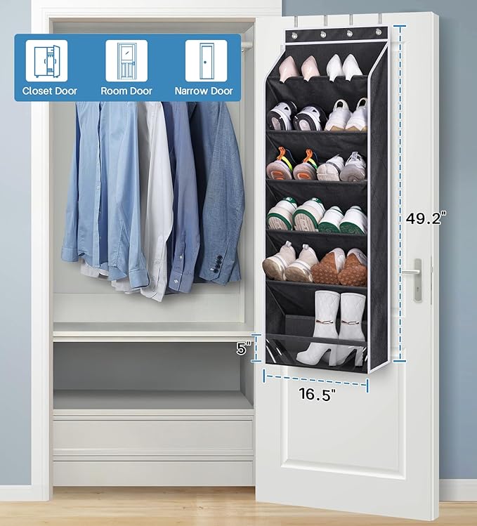 KEETDY Over The Door Shoe Organizer Fit Big Shoes Large Shoe Rack for Door Hanging Shoe Organizer for Closet Door Storage Boots, Black