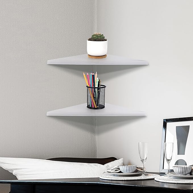 evron Corner Mounting Shelf Set of 2 – Easy to Install Floating Wall Shelves with Wood Grain Finish, Durable and Waterproof ABS Plastic for Kitchen, Bathroom, Living Room Home Décor (Clear)