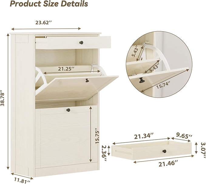 Shoe Cabinet with 2 Flip Drawers, Slim Freestanding Hidden Shoe Organizer with Drawer, Pet-Proof Shoe Storage Cabinet for Entryway Living Room Behind The Door, Light Oak