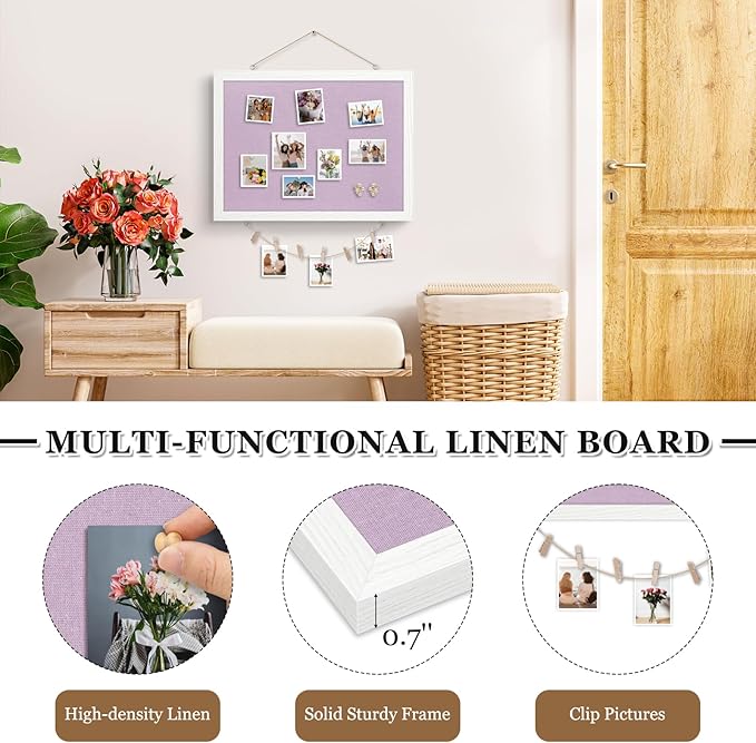DOLLAR BOSS Bulletin Boards with Linen 1-Pack 16''X 12'' Double-Sided Cork Board for Walls Wood Framed Bulletin Boards, Small Pin Board for Home Kitchen Office Decorative Hanging 10 Pushpins, Purple
