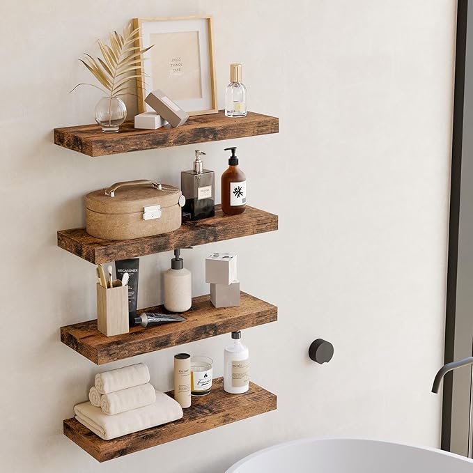 Fixwal Wood Floating Shelves, Wall Shelves Set of 4, Shelves for Wall Decor, with Invisible Brackets for Bathroom, Living Room,Bedroom and Kitchen(15.7in, Rustic Brown)
