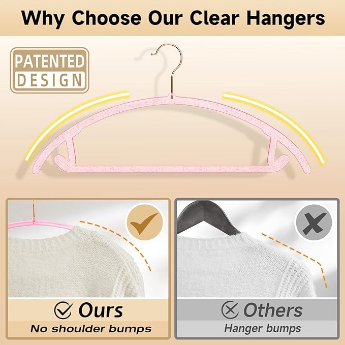 MIZGI Premium Clear Hangers (Pack of 50) Heavyduty- Pink Acrylic No Shoulder Bump Suit Hangers - Space Saving Clothes Hangers,Rounded Hanger for Coat,Sweater,Jackets,Pants