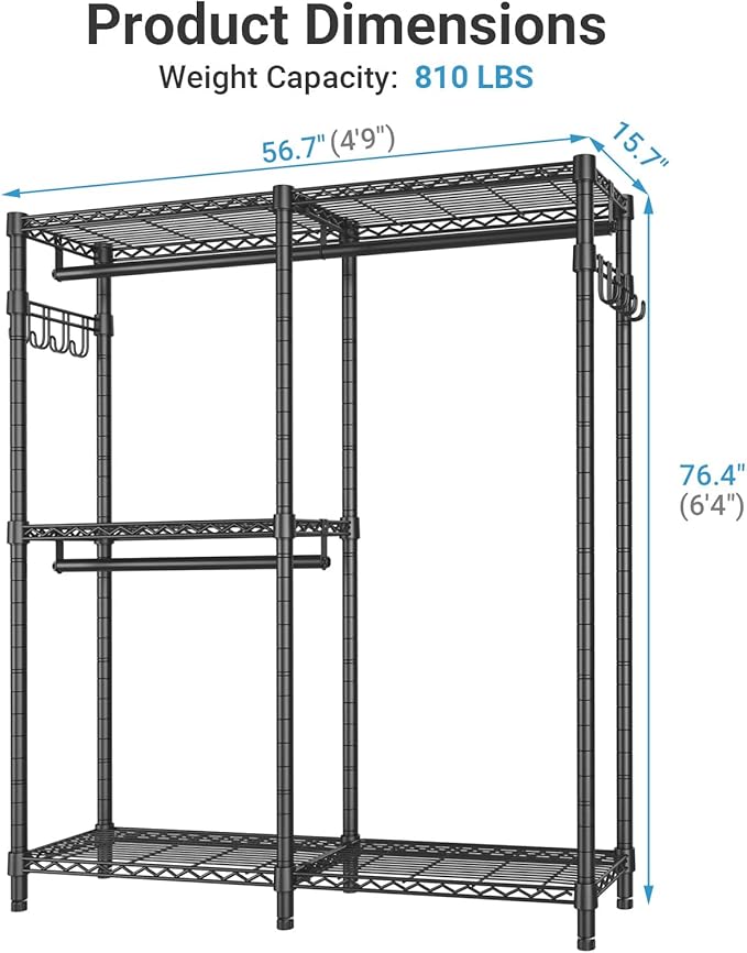 VIPEK V4 Heavy Duty Clothing Rack for Hanging Clothes 810lbs Load Capacity, Double Rod Garment Rack with Adjustable Shelves & Side Hooks, Metal Wardrobe Closet System Easy to Assemble, (Black)