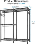 VIPEK V4 Heavy Duty Clothing Rack for Hanging Clothes 810lbs Load Capacity, Double Rod Garment Rack with Adjustable Shelves & Side Hooks, Metal Wardrobe Closet System Easy to Assemble, (Black)