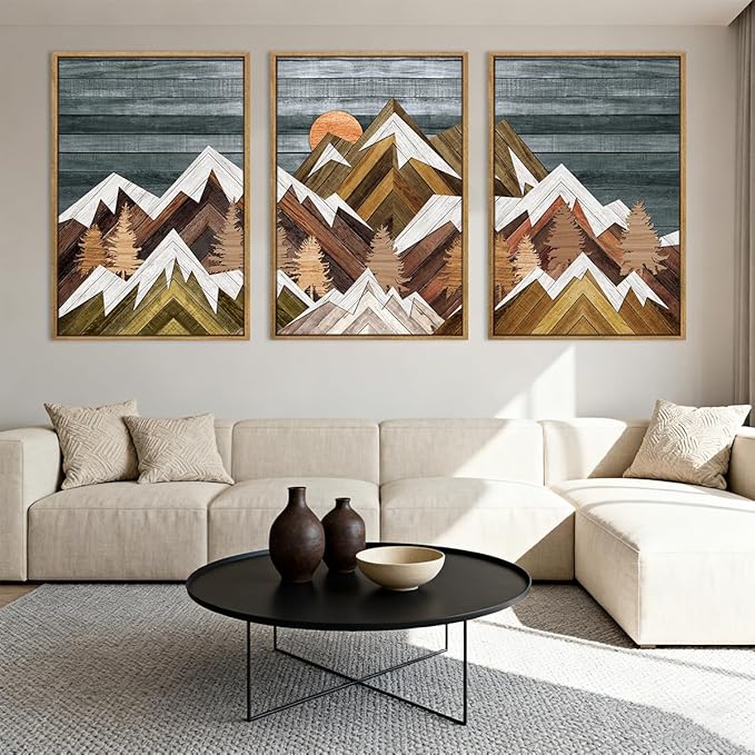 BINCUE Extra Large Mountain Wall Art Farmhouse Mountain Wall Decor Large Landscape Artwork 24x36 Inches Set of 3 Framed Rustic Painting Boho Mountains Artwork for Living Room Bedroom Office Farmhouse