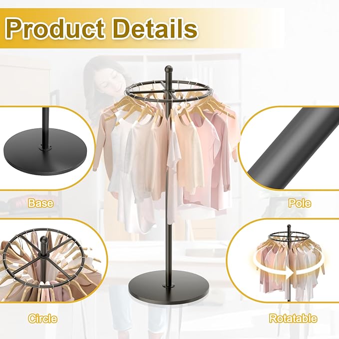 Round Garment Rack, Floor Standing Rotatable Clothing Rack, Portable Retail Display stand for Hanging Clothes Bedrooms Boutiques Commercial Shop Laundry Room