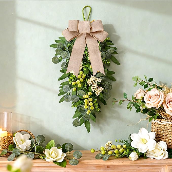 3 PCS Artificial Green Eucalyptus Wreaths for Front Door Spring Summer Greenery Teardrop Swag with Eucalyptus Leaves Olives Mixed Berry for Indoor Outdoor Farmhouse Home Wall Festival Wedding Decor