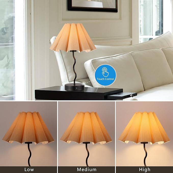 EOEYYOYB Pleated Table Lamp, Table Lamp for Bedroom, Bedside Lamps for Nightstand with Linen Lampshade, Modern Lamp for Bedroom Home Office Decor, Burlywood