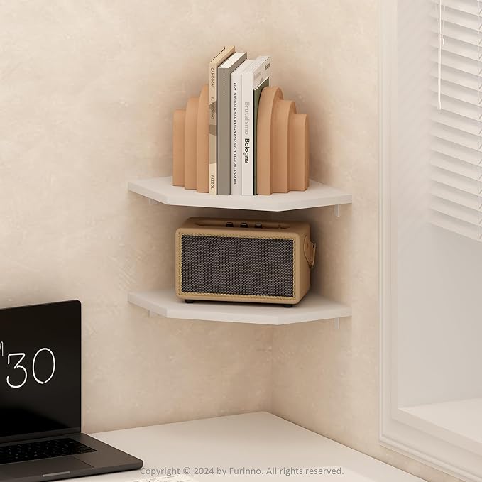 Furinno Rossi Hexagon Floating Shelves for Wall, Set of 2 Geometric Corner Shelf, Wall Mounted Shelves for Bathroom, Home Office, Living Room, White