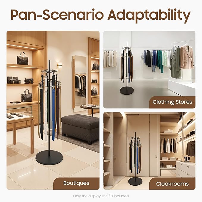 Floor Standing Belt Display, 66 Inch Tie Rack Belt Display Shelf with 31 Hooks, Adjustable Feet Belt Display Stand for Clothing Stores, Retail Stores (Black)