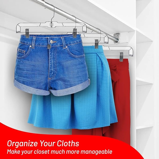 DEILSY™ Skirt Hanger Pants Hangers with Clips Hangers Shorts Hanger Clear Plastic Clothes Hangers with 2-Adjustable Clip Non-Slip Clothes Hangers Perfect for Pant, Pack of 12