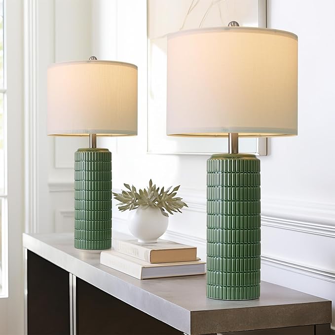 PoKat 27.5" Dark Green Ceramic Table Lamps for Living Room, Farmhouse Table Lamps Set of 2 for Bedroom Night Stands, Modern Bedside Lamps for End Side Table, Vintage Nightstand Decor Lamps Home Office