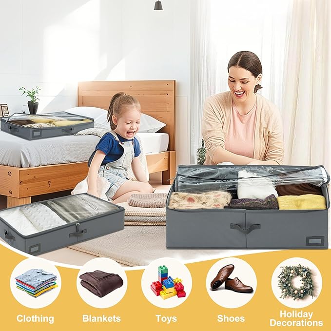 4-Inch Under Bed Storage Containers (3-Pack) | Sturdy Sidewalls | Clear Cover & Label Holder | Underbed Organizer for Crib/Couch | Stores Clothing/Blankets/Wrapping Paper/Toys