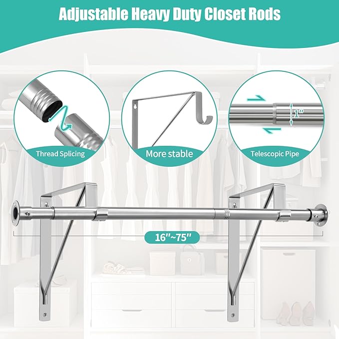 Closet Rod, 16 to 75 Inch Closet Rods Heavy Duty Adjustable Clothes Rods for Hanging Clothes and Heavy Duty Clothes Rod Bracket Closet Rod Support (The Shelf NOT Included) (Silver)