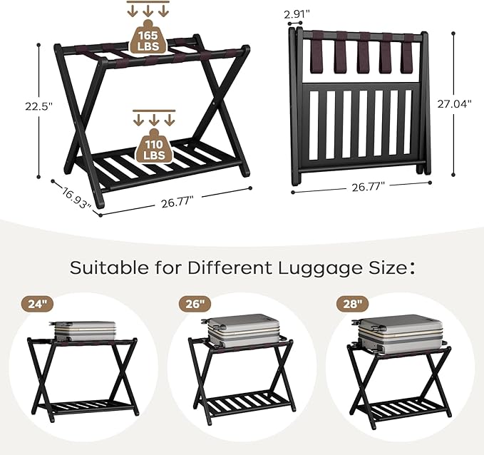 26.77" L Luggage Rack for Guest Room - Set of 2 Full Assembled Luggage Rack Stand for Suitcases, Foldable Luggage Holders with Shoe Shelf for Bedroom, Hotel (Black Bamboo Suitcase Stands)