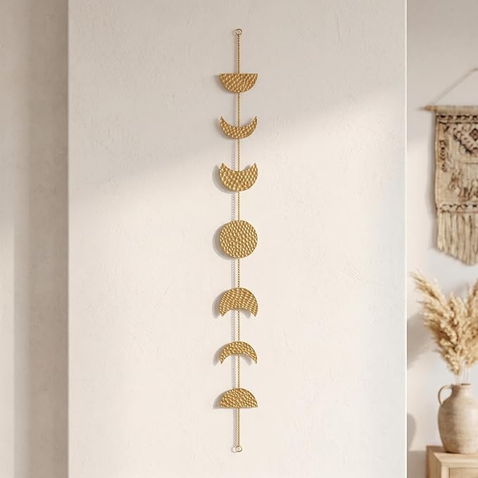 opulinea 32 Inch Hammered Gold Moon Phase Metal Wall Decor, Celestial Hanging Wall Sculpture, Boho Lunar Wall Art for Bedroom, Living Room, Bathroom, Apartment