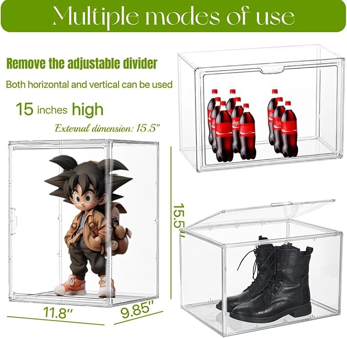 Acrylic Display Case with an Adjustable Divider, 2 Tiers XXX-Large Boot Shoe Storage Boxes Clear Plastic Stackable Storage Bin with Lids Super Large Clear Display Box for Shoes, Collectibles