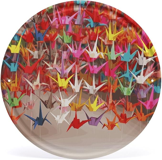 Wall Picture, with Origami Paper Cranes Printed Circular Iron Hanging Picture,Wall Art Decor,Home for Bedroom Living Room Bathroom Decor,Iron Painting 11.8X11.8 in