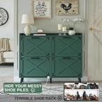 Shoe Storage Cabinet,Farmhouse Shoe Organizer with 4 Flip Drawers & Barn Door Design,Freestanding Hidden Slim Narrow Shoe Rack Cabinet for Entryway,Foyer,Hallway,Green