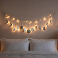 Boho Moon Phase Wall Hanging, Silver Hammered Metal LED Celestial Garland for Bedroom Witchy Home Christmas Decor