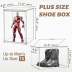XX-Large Acrylic Display Case 11.4'' x 9.8'' x 15.3'', Boot Boxes for Tall Boots Size 15, Large Sneaker Shoe Box Clear Stackable Storage Boxes for Collectibles Handbag Organizer with Magnetic Lids