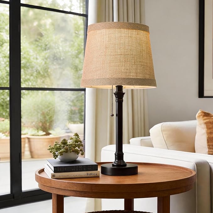 Oneach 19.5” Table Lamps Set of 2, Pull Chain Switch Bedside Table Lamps, Farmhouse Nightstand Lamp with Unique Natural Shade, Small Lamp for Living Room, Bedroom, Home Office, Nursery