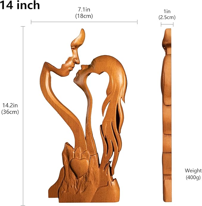 BGCOPPER Wooden Kissing Couple Ornament, Abstract Couple Portrait Sculpture Romantic Love Statue Decor Gift for Women Anniversary Valentine Wedding - 14 Inch