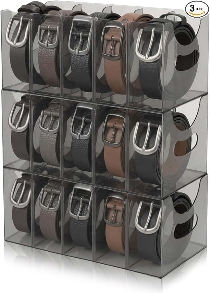 3 Pack Acrylic Belt Organizer Clear Stackable Belt Storage Holder Purse Organizer for Closet - 5 Compartments with Removable Dividers,Display Case Pantry Cabinet Organizers for Ties,Socks,Grey