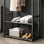 Freestanding Clothing Rack,Metal Garment Rack with Bottom Shelves and 6 Side Hooks,Black sturdy clothes racks for hanging clothes,Modern Wardrobe Organizer for Bedroom or Closet (L:31.5IN)