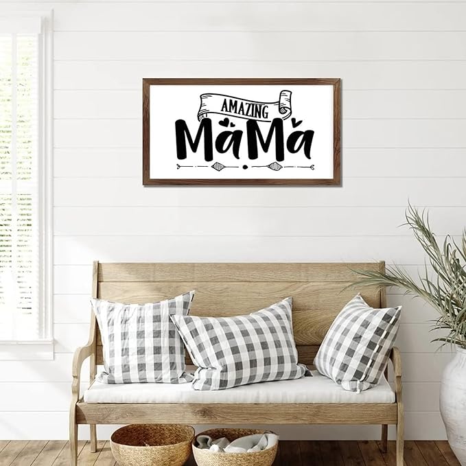 Family Lettering 12x22in Wood Sign with Positive Quotes Amazing Mama Apricot Frame Wooden Plaque Birthday Housewarming Gift for Cottage Shelf Garden Yard Farmhouse Porch Cafe Bar Wall Decor