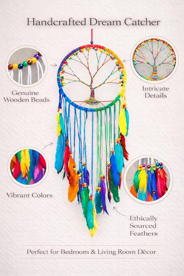 OMA Chakra Rainbow Dream Catcher, Tree of Life Design with Feathers and Beads, Rainbow Suede Authentic Traditional Dream Catcher Boho Home Decor - Large Size - 36" Long x 11" Diameter (Rainbow)