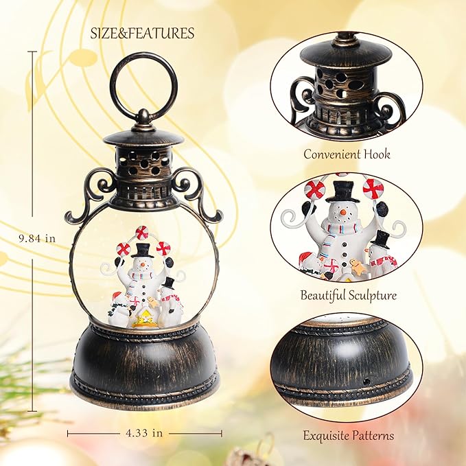 Christmas Snow Globes Lantern, 8 Songs, 6H Timer, Battery & USB Powered, Brown Plastic Classic Snow Globe
