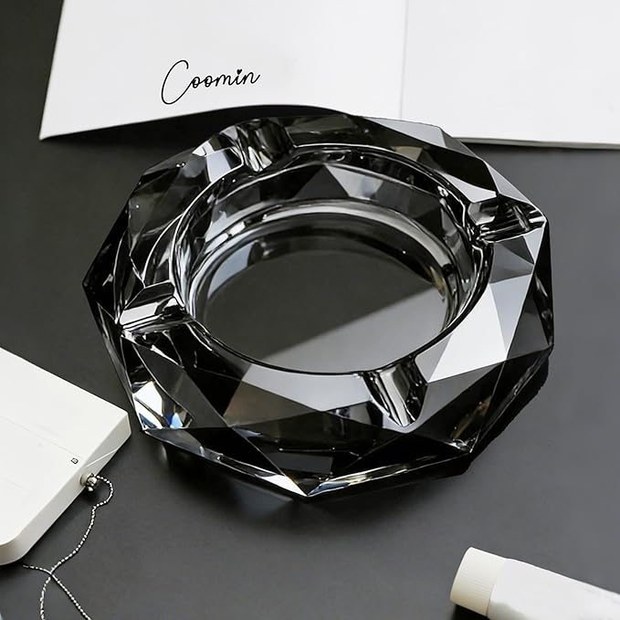 Coomin 5.9in Bigger Crystal Glass Ash Tray, Sparkly Cigarettes Cigar Ashtray, Cool Ashtrays for Smokers Indoor Office Home Desktop Tabletop, Gifts for Men, Black