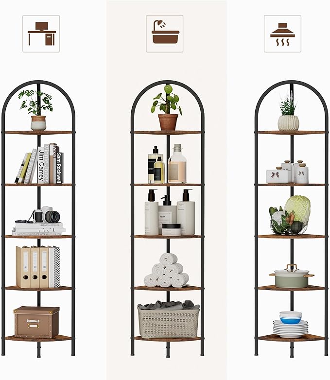 Homhedy 5-Tier Arched Corner Shelf Stand, Wall Corner Bookshelf with Metal Frame, Plant Stand, Industrial Storage Rack Shelf for Living Room, Bedroom, Office, Bathroom, Rustic Brown and Black