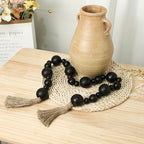 2" Extra Large Wood Bead Garland with Tassels, 50" Long Rustic Farmhouse Wooden Beads Garland, Decorative Beads Boho Decorations for Home Table Mantle Black