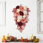 Harvest Teardrop Swag Fall Floral Swag sway with White Pumpkin Chrysanthemum Rose and Eucalyptus Leaves Autumn Teardrop sway for Home Front Door Wall Mantel Window Decor Pink and Burgundy